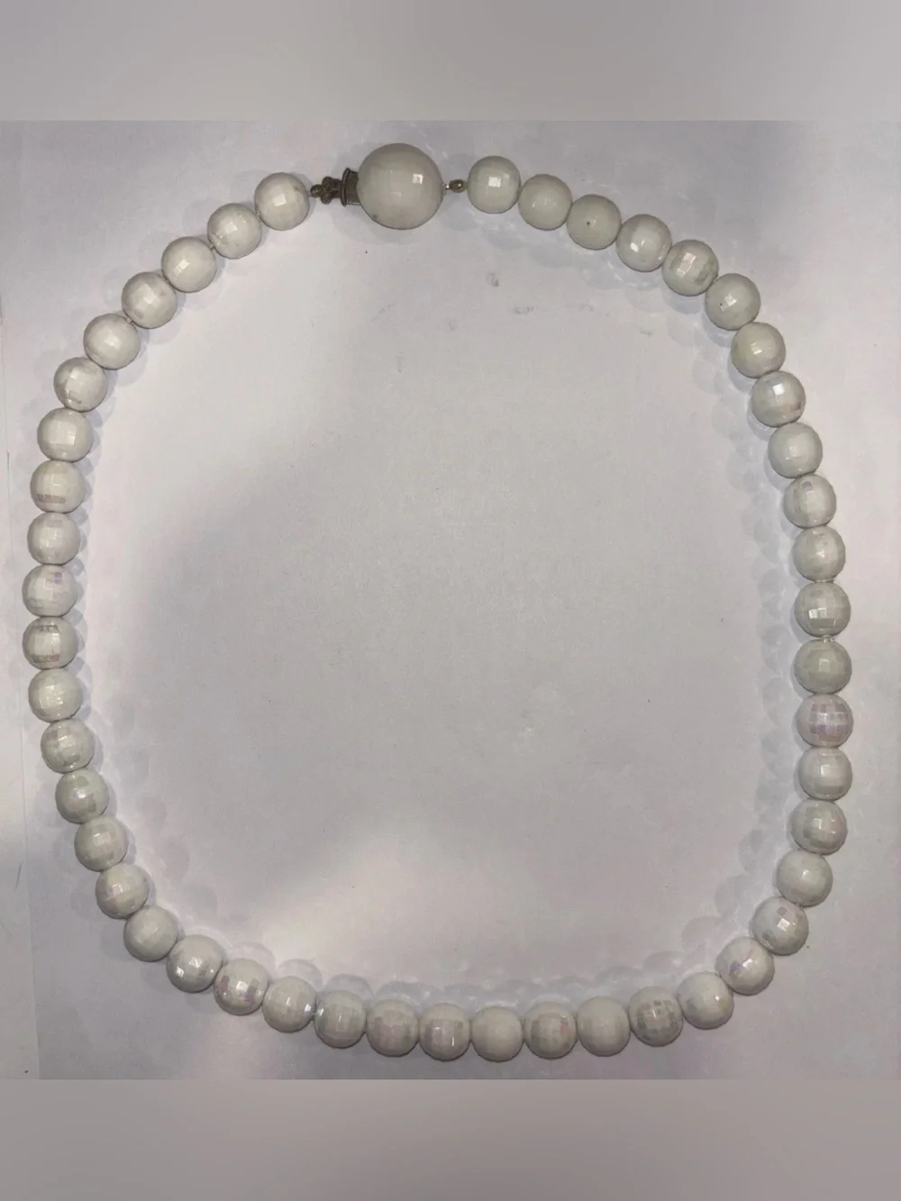 Vintage Made in Austria Iridescent White Beaded Necklace‎ 24” Faceted AB Finish